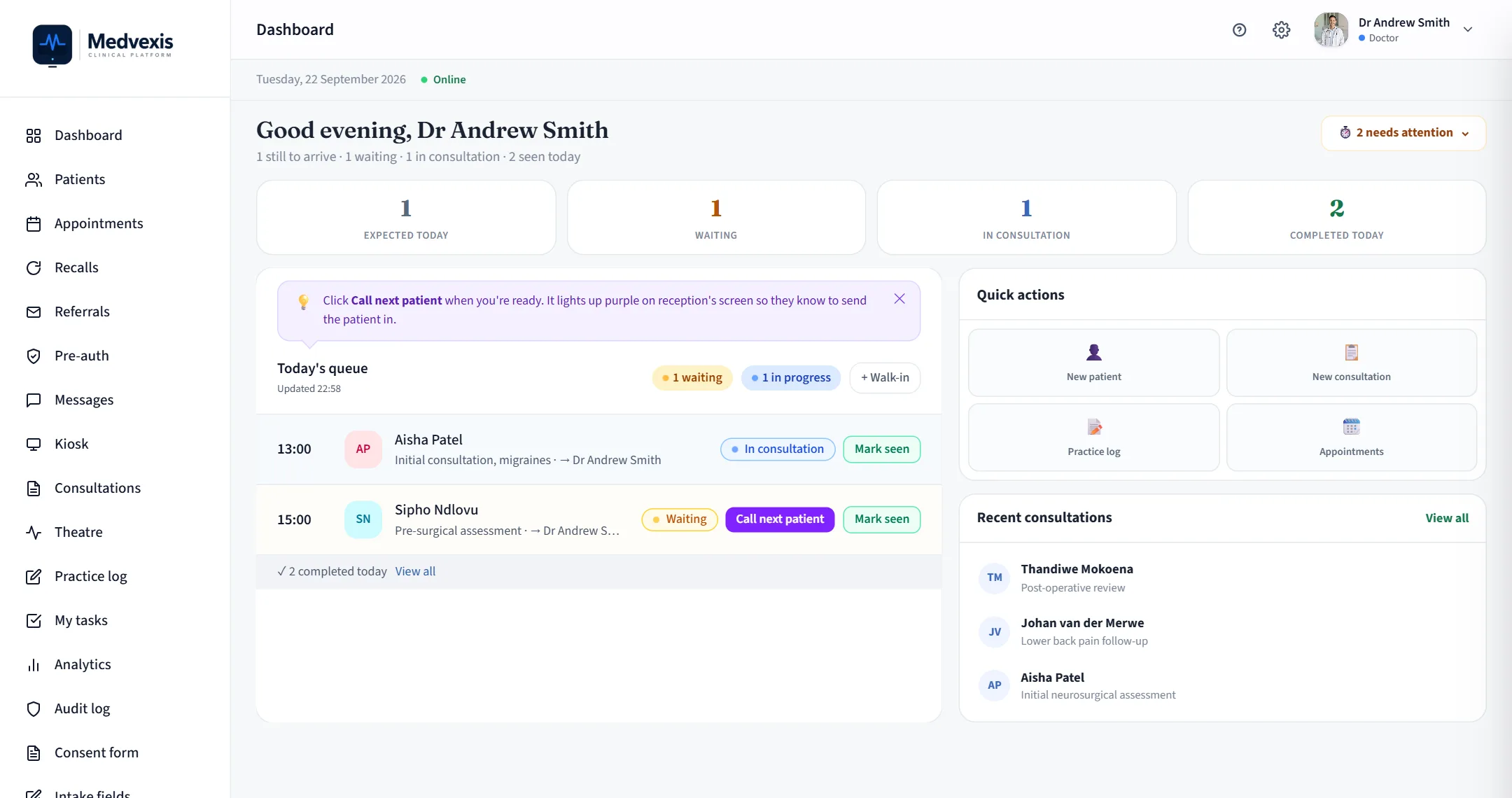 The Medvexis doctor dashboard showing today's queue, appointment counts and recent consultations for a demo neurosurgery practice.